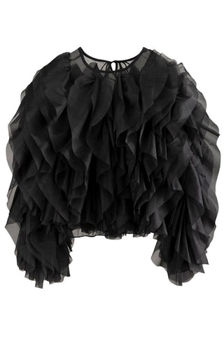 Rose Long Sleeve Tulle Ruffle Blouse in black