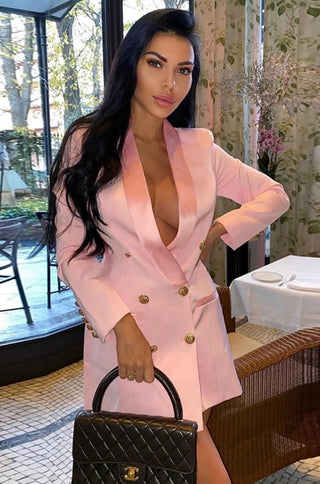 satin collar double breasted mini blazer dress