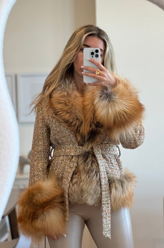 Model wearing shopUNIQUES fur-trimmed belted tweed coat in beige brown