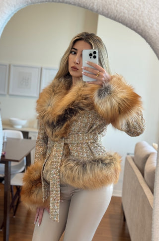 Model wearing shopUNIQUES fur-trimmed tweed coat in brownish beige