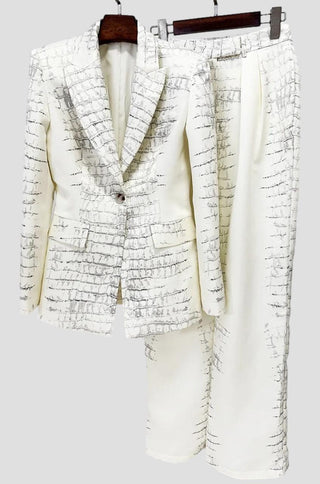 Claire Ivory Embossed Statement Blazer Pants Set