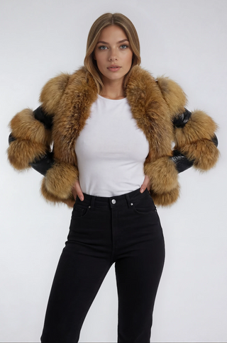 Della Fur Crop Leather Jacket in Glossy Black
