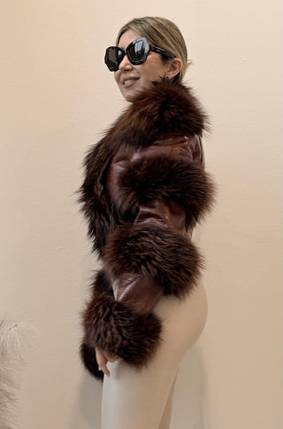Della Fur Trim Crop Leather Jacket in Brown