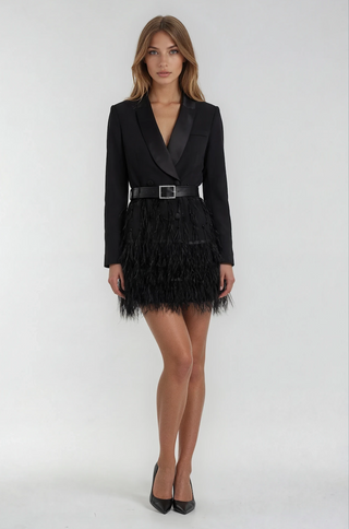 Elle Belted Feather Blazer Dress