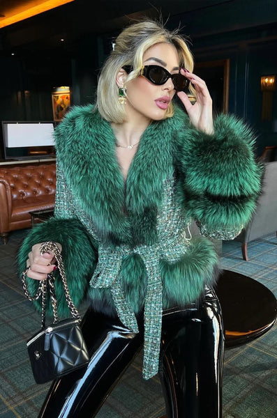 Elegant Tweed Jacket with Fox Fur Cuffs Collar | Sheri by