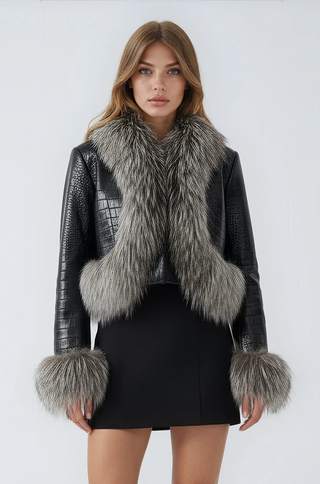 Black croc embossed leather crop jacket with gray raccoon fur trim