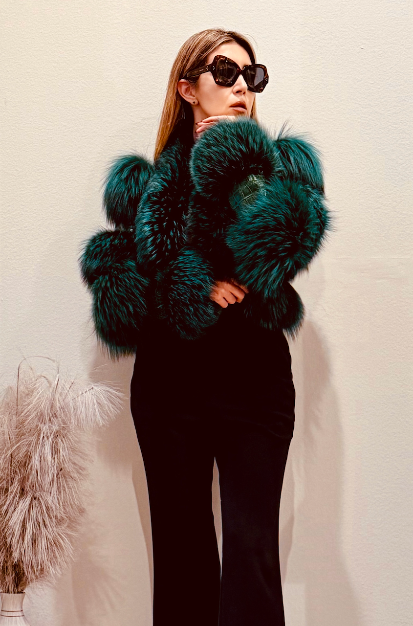 Della Fur Trim Crop Leather Jacket in Emerald Green – shopUNIQUES.com