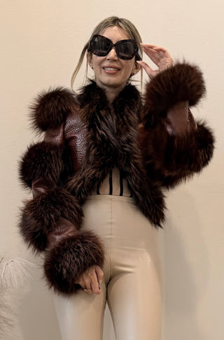 Della Fur Trim Crop Leather Jacket in Brown
