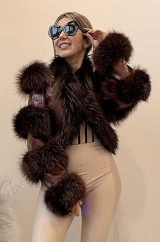 Della Fur Trim Crop Leather Jacket in Brown