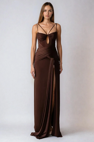 Model wearing Sienna chocolate brown draped cutout maxi dress – shopUNIQUES
