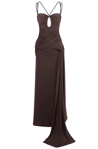 legant brown cutout maxi dress with keyhole front and floor-length skirt