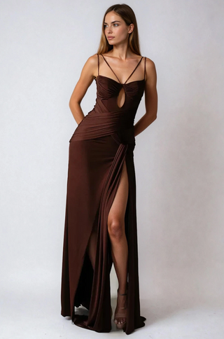 Chocolate brown draped maxi dress with thigh-high slit – shopUNIQUES