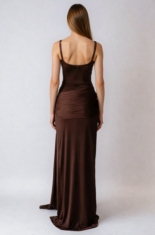 back view of Chocolate brown draped maxi dress with fish tail – shopUNIQUES