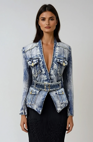 Nova denim blazer with belted waist and gold buttons – shopUNIQUES