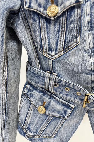 Nova Denim Blazer – Belted Gold Button