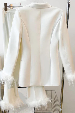 white feather blazer pants set