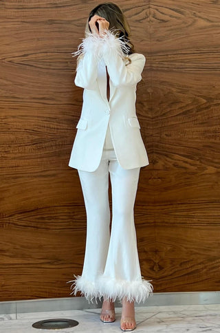 white feather blazer pants set