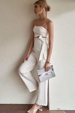 white high waist belted wide-leg pants with side pockets