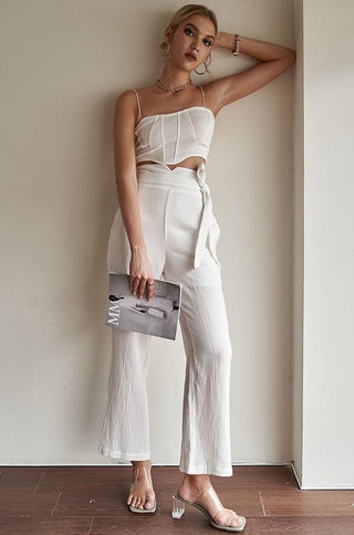 white high waist belted wide-leg pants with side pockets