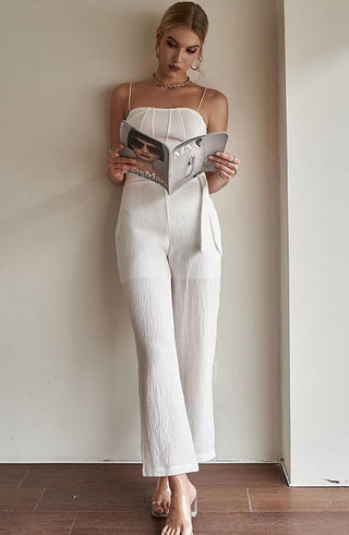 white high waist belted wide-leg pants with side pockets