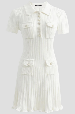 front view of white sequin embellished knit mini dress from shopUNIQUES