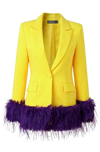 Zuri Purple Feather Trim Yellow Long Blazer