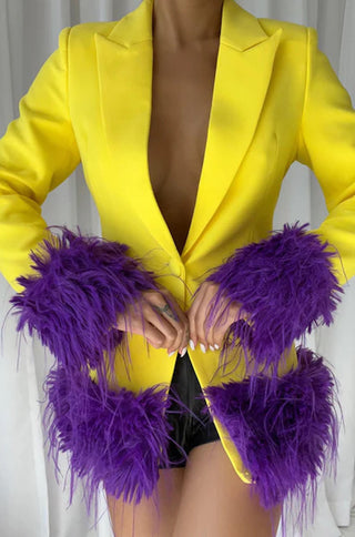 Zuri Purple Feather Trim Yellow Long Blazer